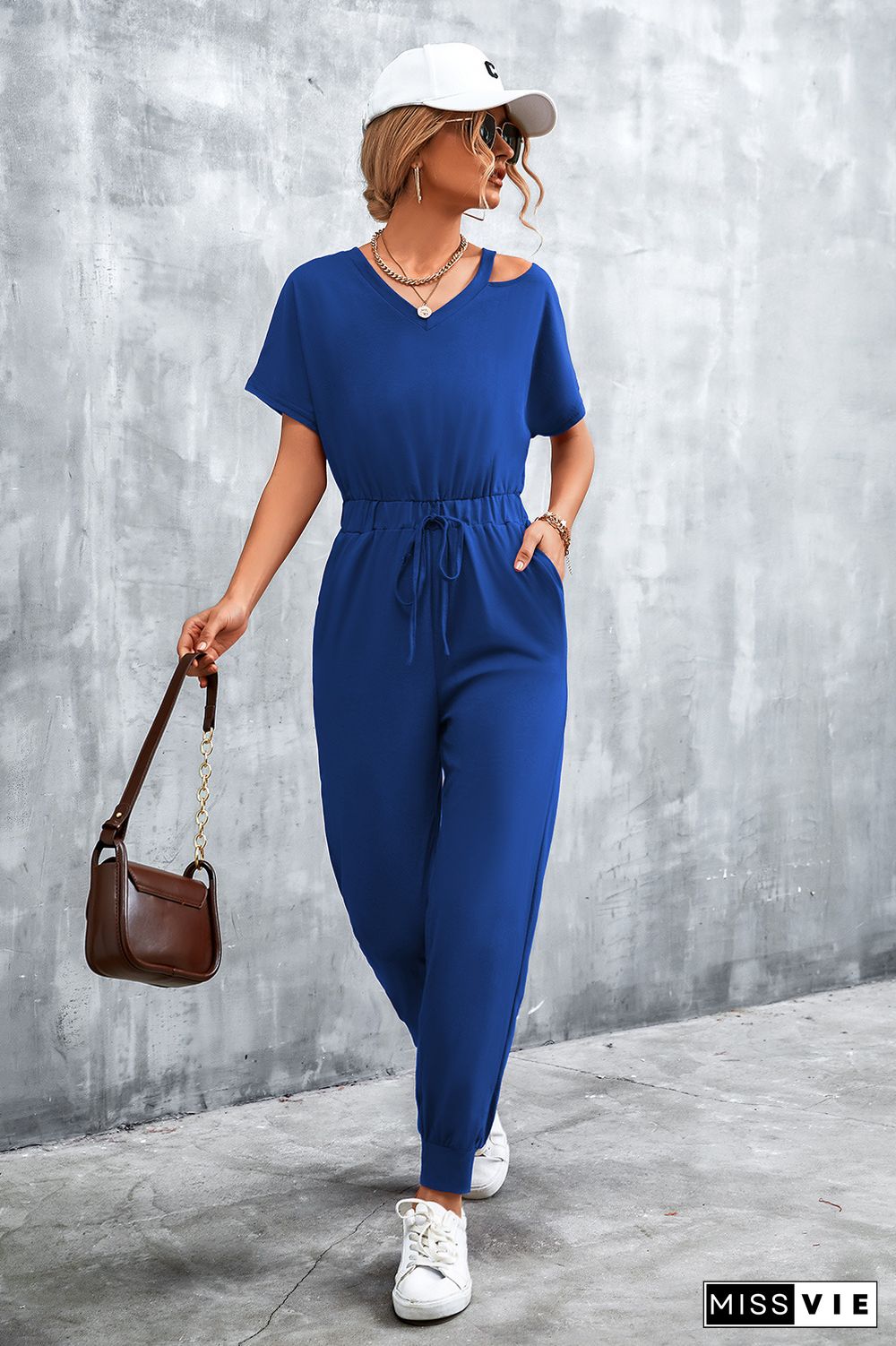 Cut Shoulder Drawstring Waist Sleeveless Jumpsuit