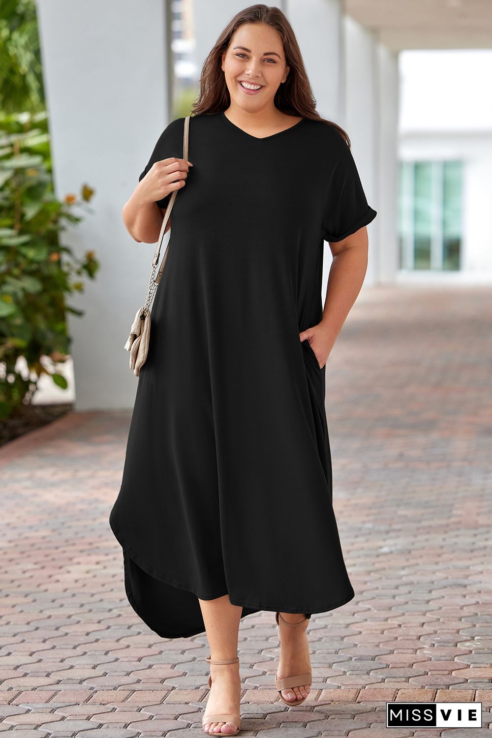 Black Plus Size V Neck Rolled Cuffs Maxi Dress