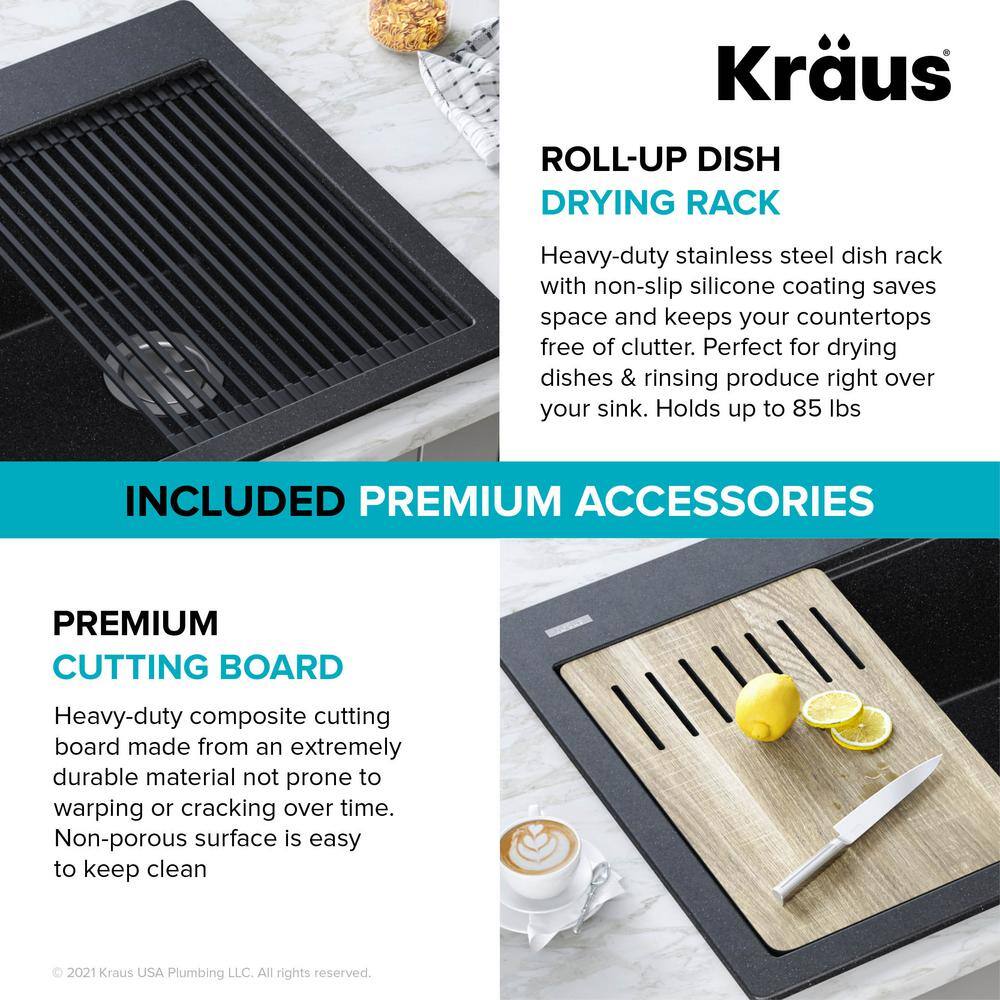 KRAUS Bellucci Workstation 33 in. Drop-In Granite Composite Single Bowl Kitchen Sink in White with Accessories KGTW1-33WH