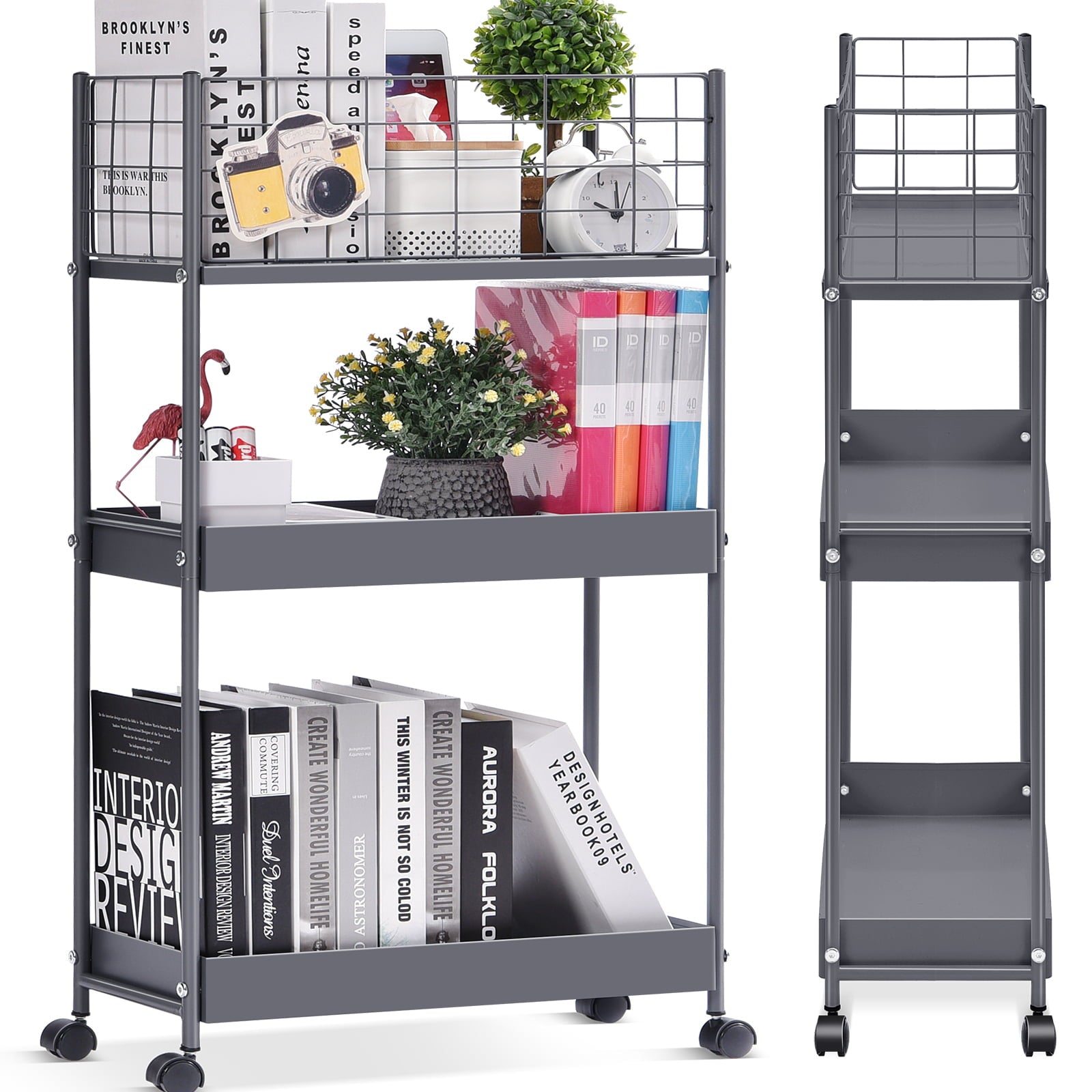 KINGRACK Slim Storage Cart,3-Tier Metal Utility Rolling Cart with Wheels, Slide Out Storage Cart, Skinny Storage Rolling Cart, Storage Trolley Cart