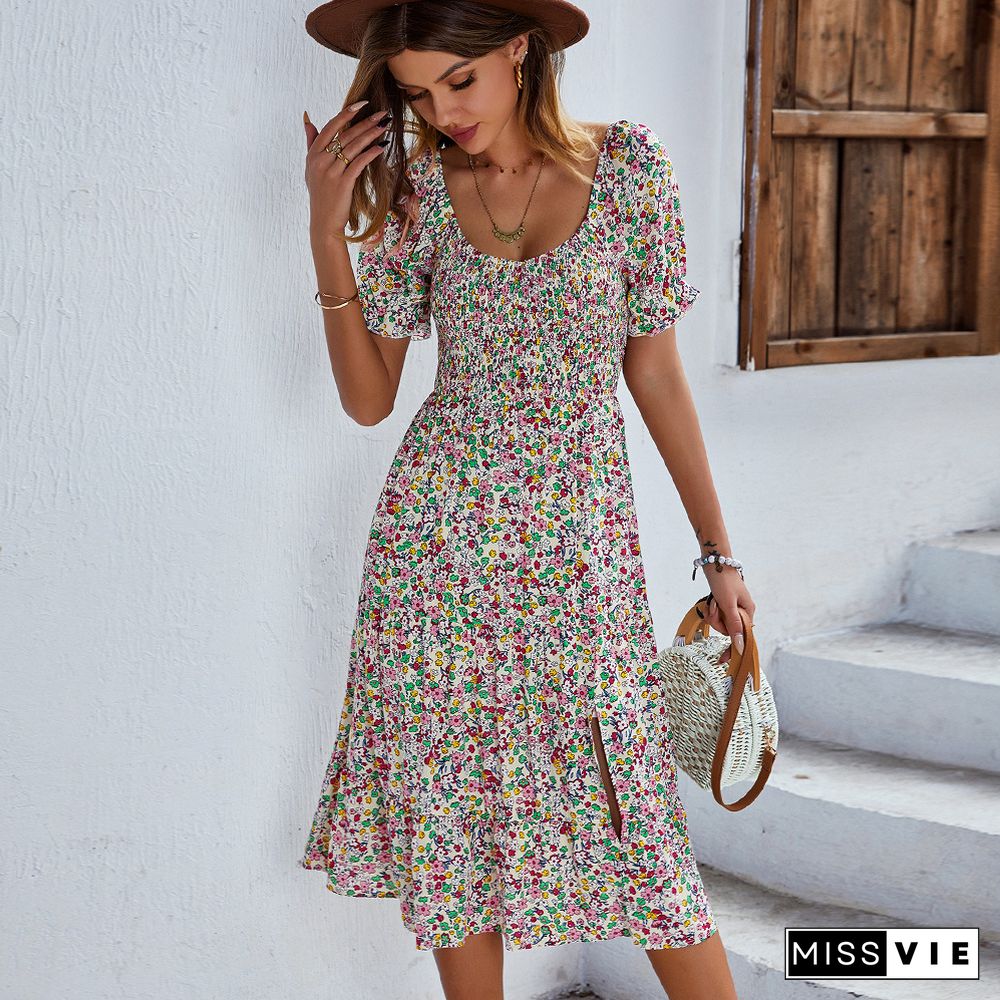 Casual Bohemian Print Dress Women Summer Dresses New Empire Crew Neck Short Petal Sleeves Large Hem Split A-line Midi Dress