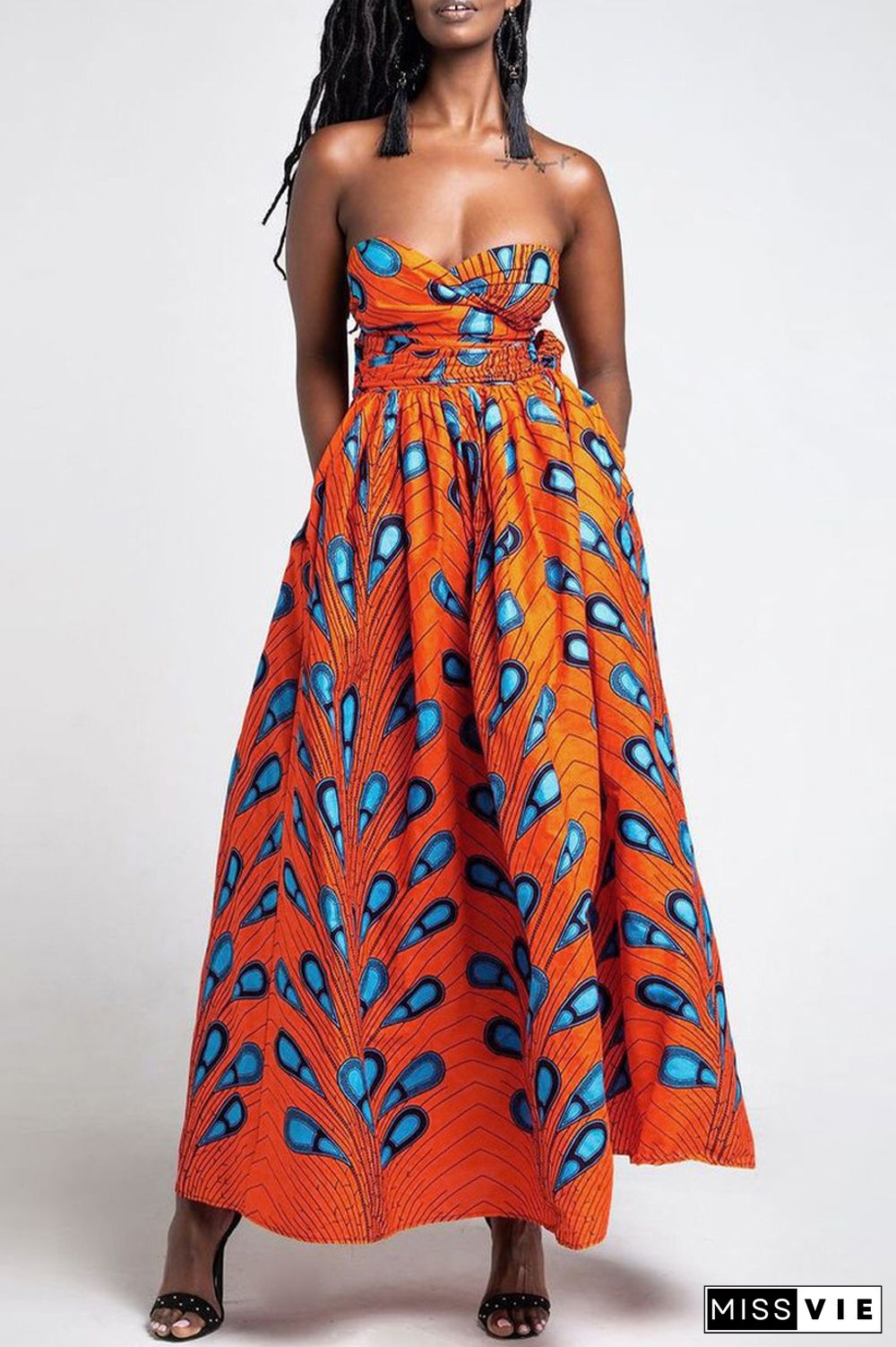 Blue Vintage Print Patchwork Backless V Neck A Line Dresses