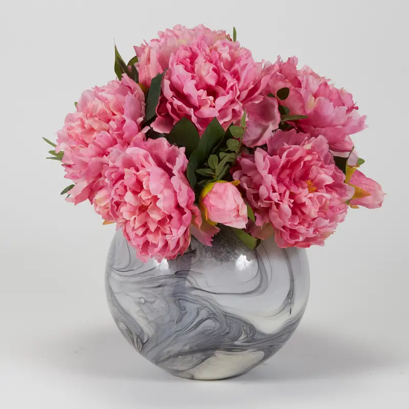 Faux Pink Peony Arrangement in Marbled Glass Bowl