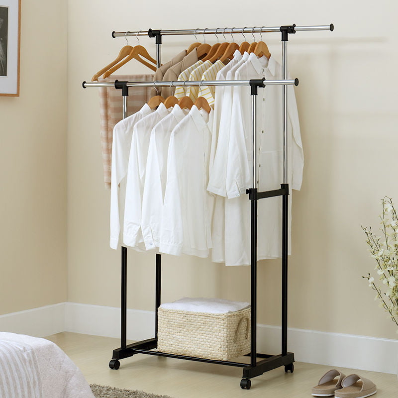 Zimtown Adjustable Double Rod Garment Rack Rolling Bar Rail Rack Clothes Hanger Shoes