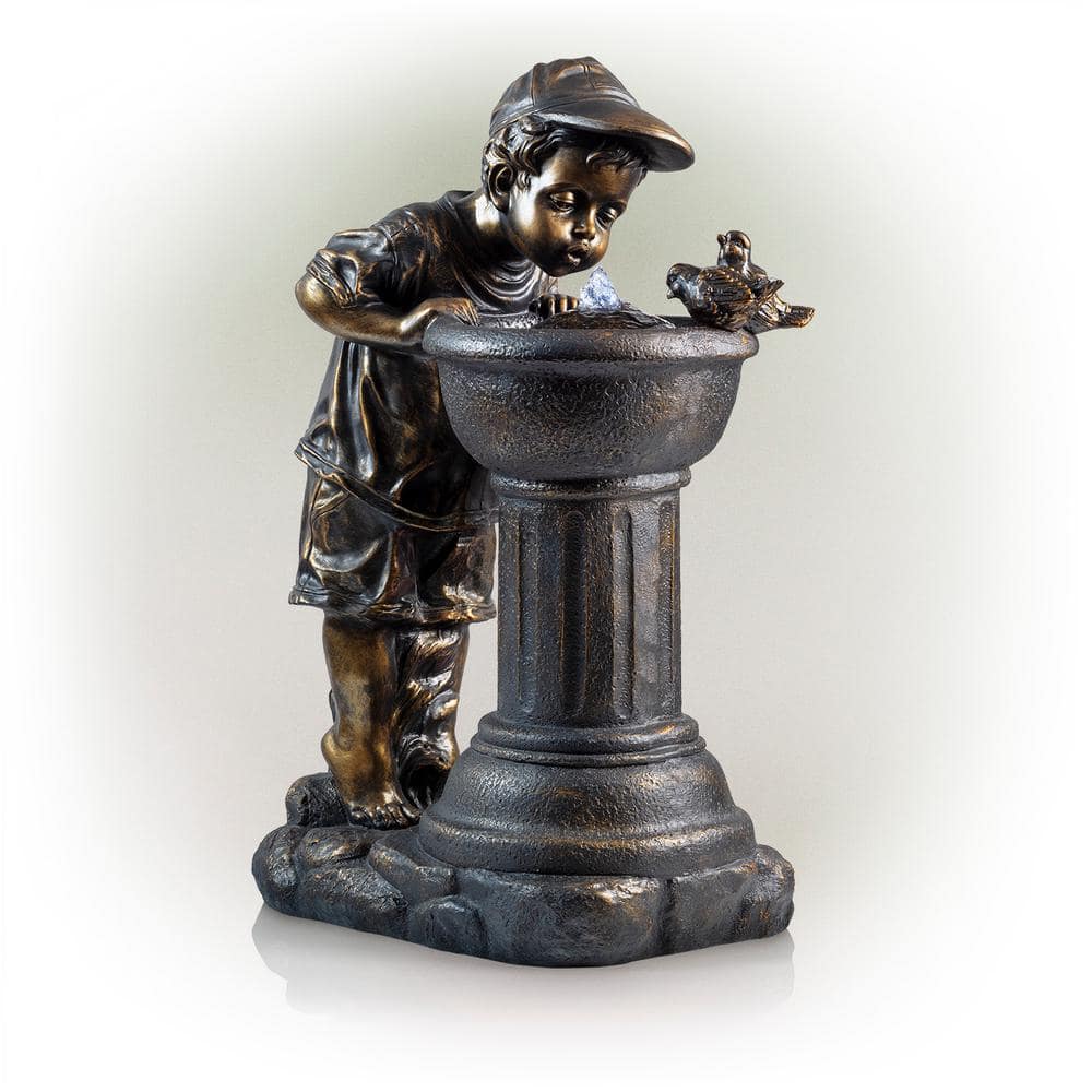 Alpine Corporation 27 in. Tall Indoor/Outdoor Boy Drinking From Water Fountain with LED Lights, Bronze GXT740