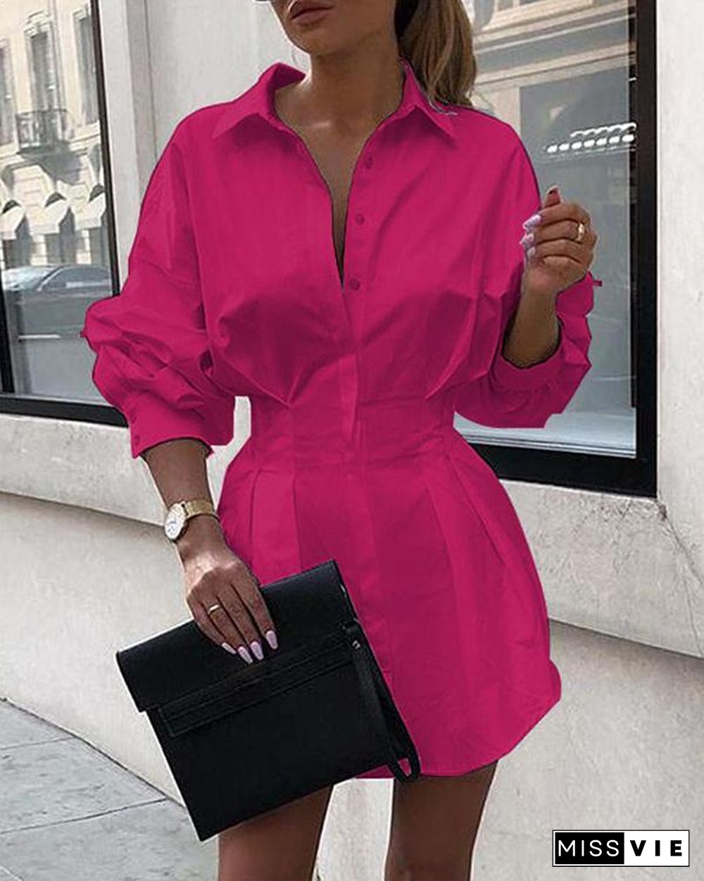 Solid Long Sleeve Tight Waist Shirt Dress