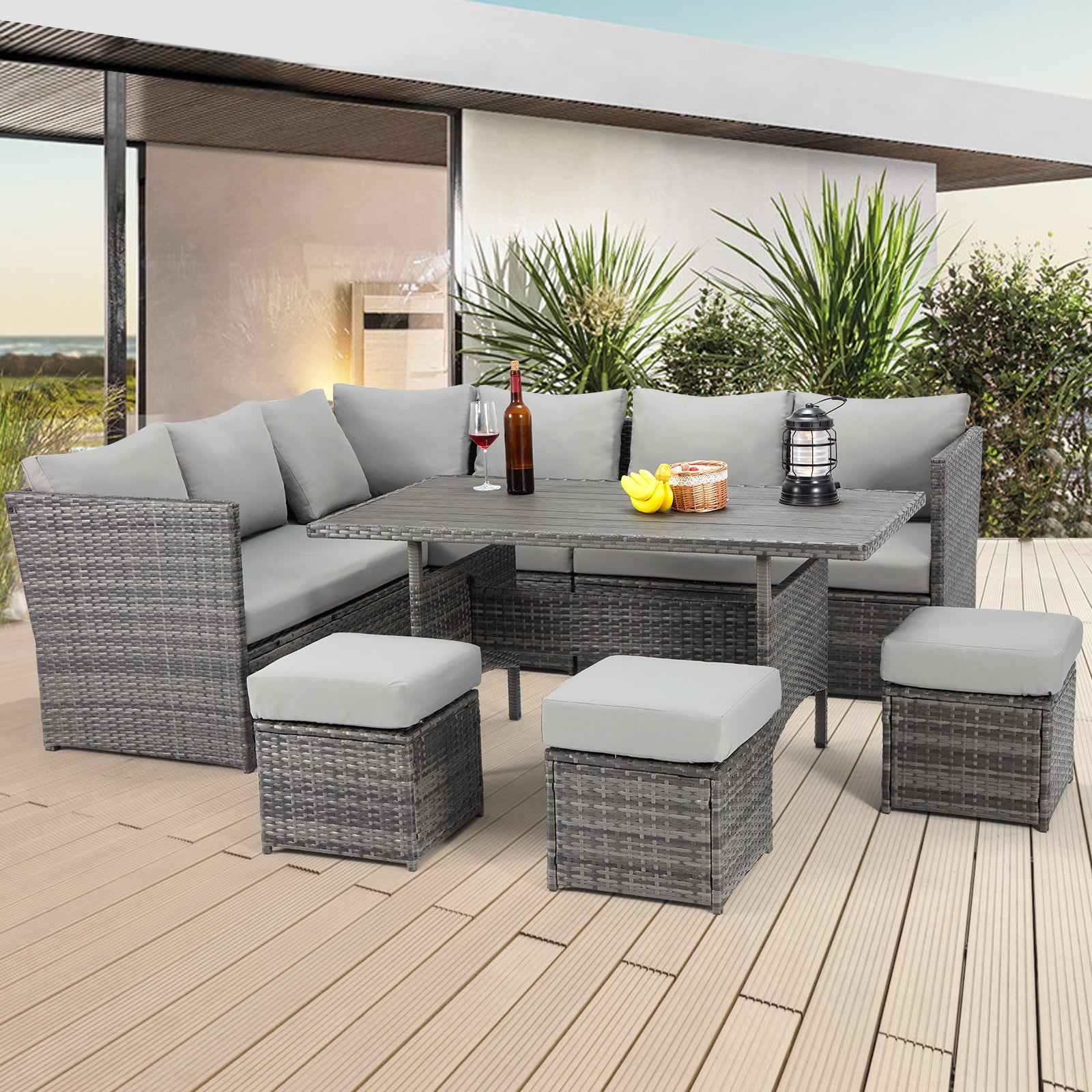 Danrelax 7-Pieces Patio Conversation Set, Outdoor Sectional Sofa, PE Rattan Wicker Furniture, Steel Frame, Gray Furniture, Couch Dining Table, and Chair with Ottoman, Gray