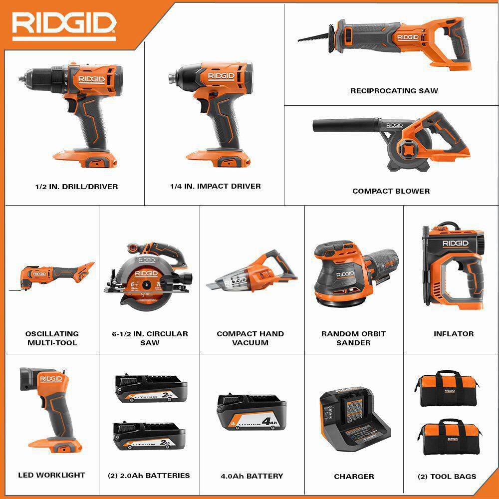 RIDGID 18V Cordless 10-Tool Combo Kit with (2) 2.0 Ah Battery (1) 4.0 Ah Battery Charger and Bag R96259N