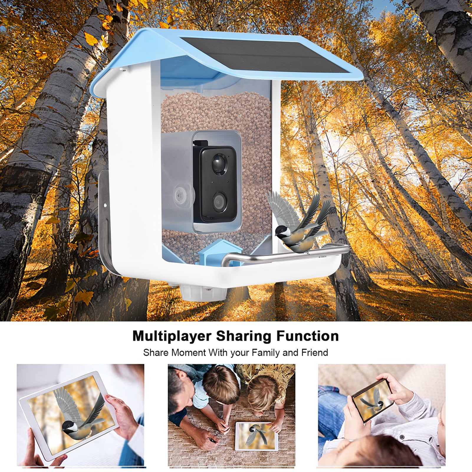 Anself Solar Smart Bird Feeder with Camera 1080HD Night Vision Camera AI Recognition Bird Species Feeder with APP Connection Auto Capture Bird Videos