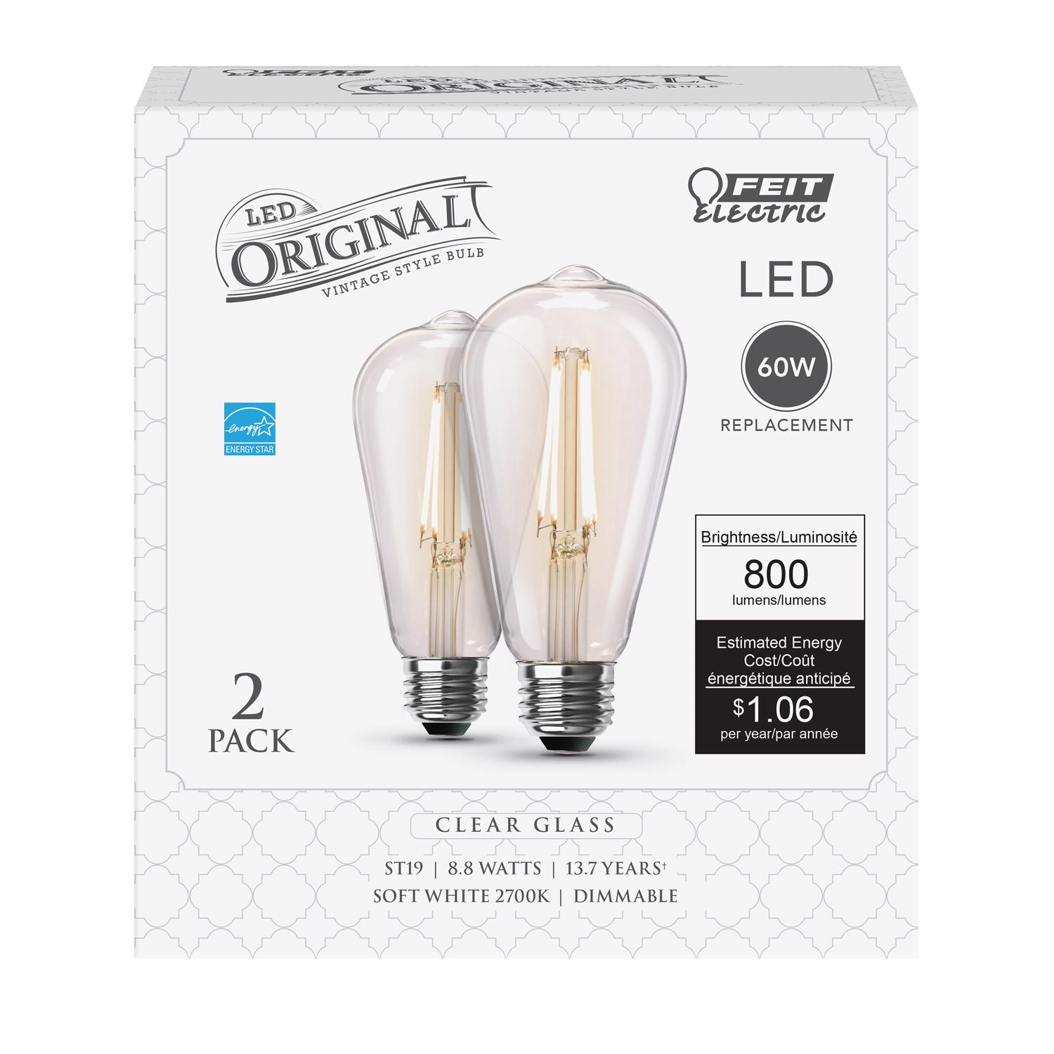 Feit LED Filament ST19 E26 (Medium) Filament LED Bulb Soft White 60 Watt Equivalence 2 pk