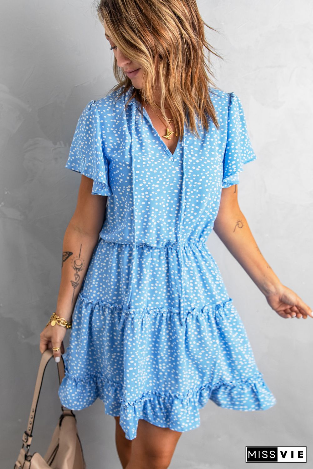 Blue Dotted Print Split Neck Flutter Sleeve Flowy Tunic Mini Dress