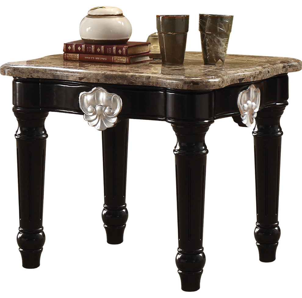 Marble Top End Table With Contrast Carved Motif Turned Wood Legs  Black   Victorian   Side Tables And End Tables   by VirVentures  Houzz