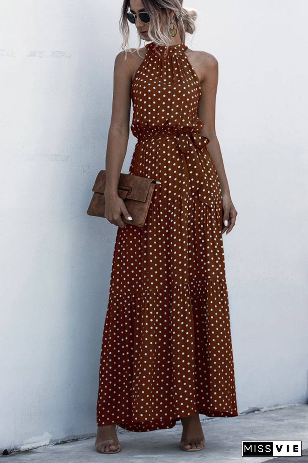 Halter Polka Dot Print Tie Waist Maxi Dress Wholesale