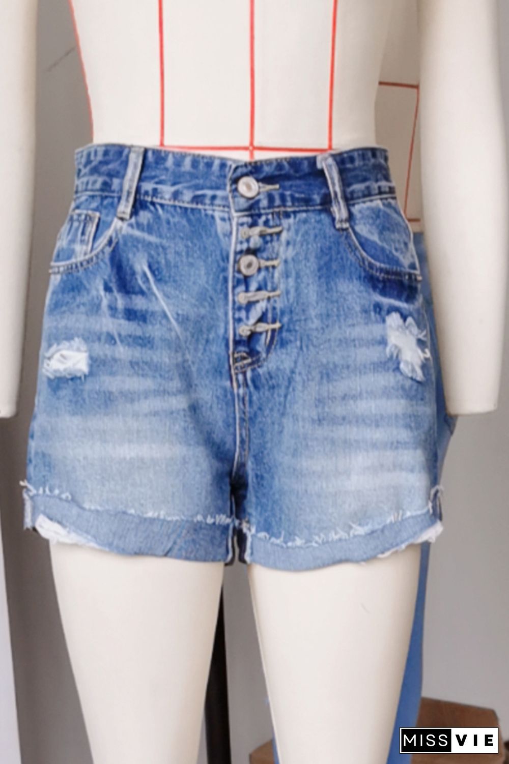 Light Blue High Waist Hemming Jeans Shorts Wholesale