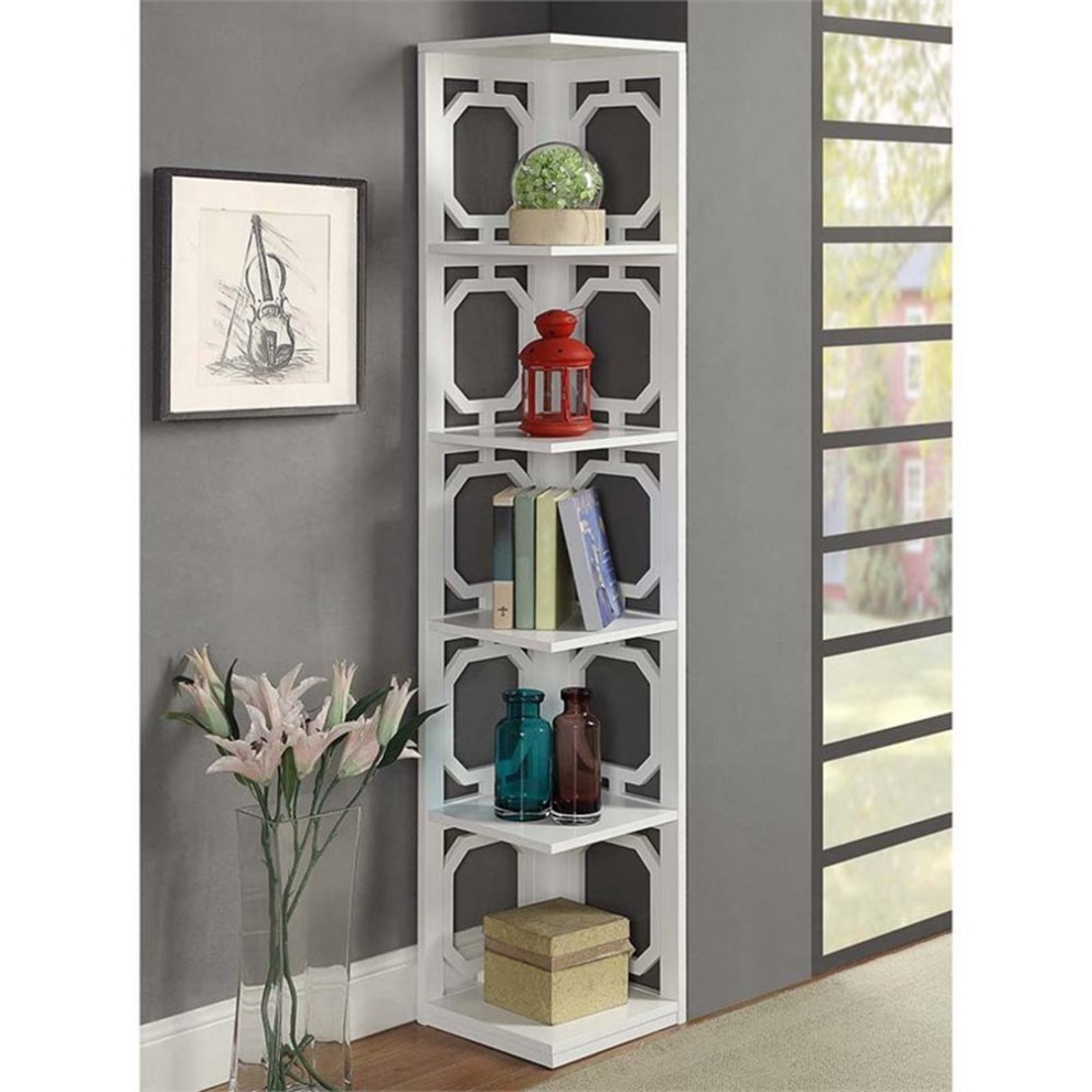 Convenience Concepts Omega Three Shelf Corner Bookcase in White Wood Finish   Transitional   Bookcases   by Homesquare  Houzz