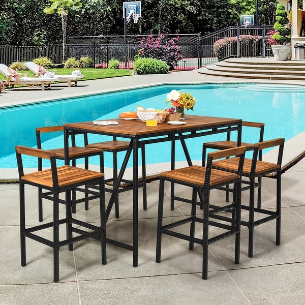 Gymax 7PCS Outdoor Acacia Wood Dining Set PE Rattan Patio Bar Set w/