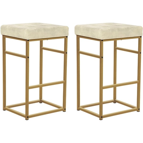 30 Inch Backless Metal Barstool with Beige/Green Velvet Seat-Set of 2