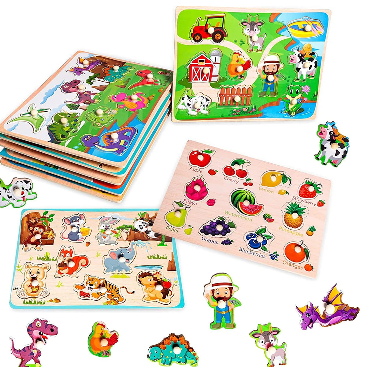 Ealing 6 Pack Wooden Peg Puzzles for Toddlers 1-3，  Jigsaw Puzzles Set Gifts-Animals Farm Dinosaur Fruits Educational Learning Toys for Boys and Girls