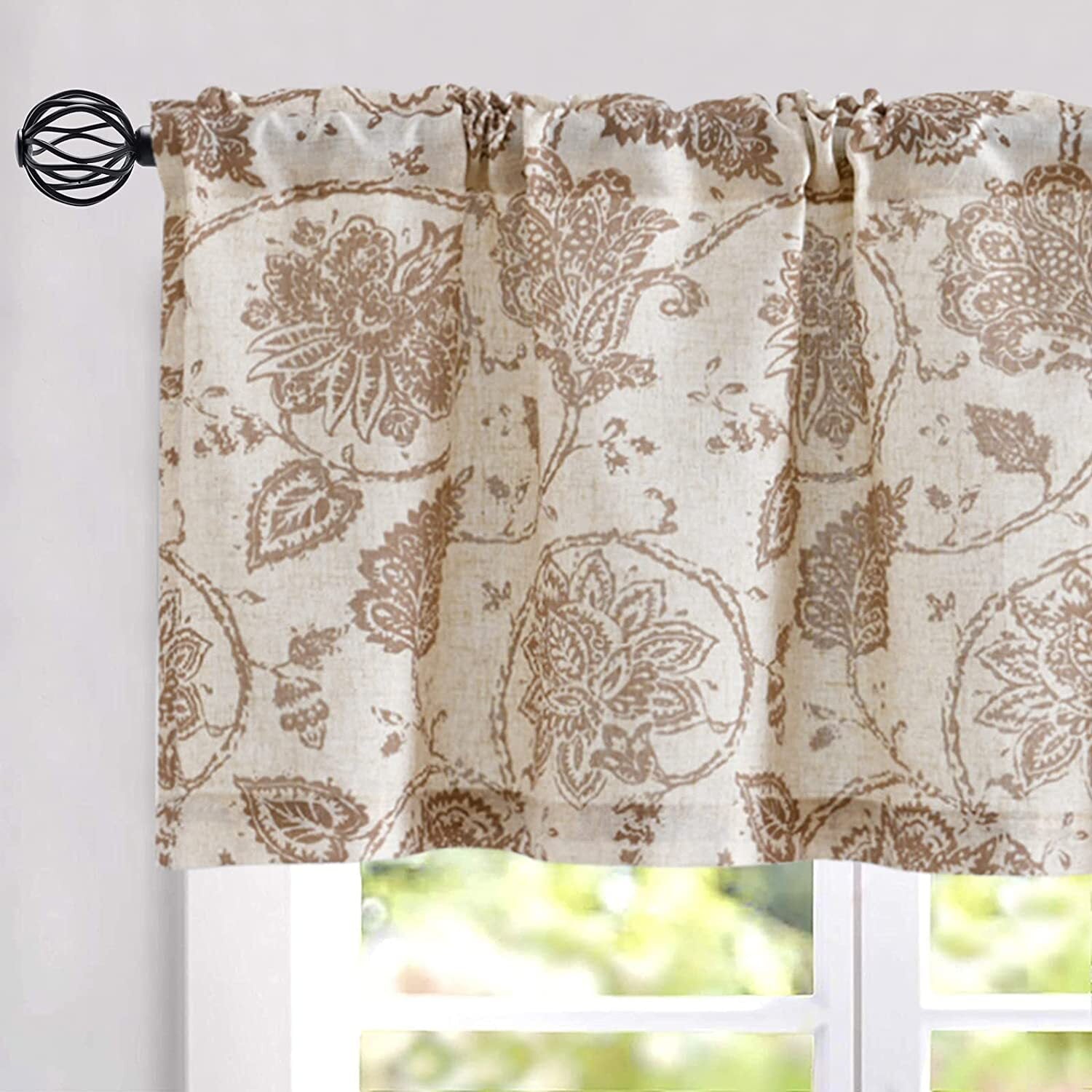 CURTAINKING Kitchen Valance W50 x L18 Linen Textured Floral Printed Small Window Curtain Rustic Jacobean 1 Panel Rod Pocket Taupe on Beige