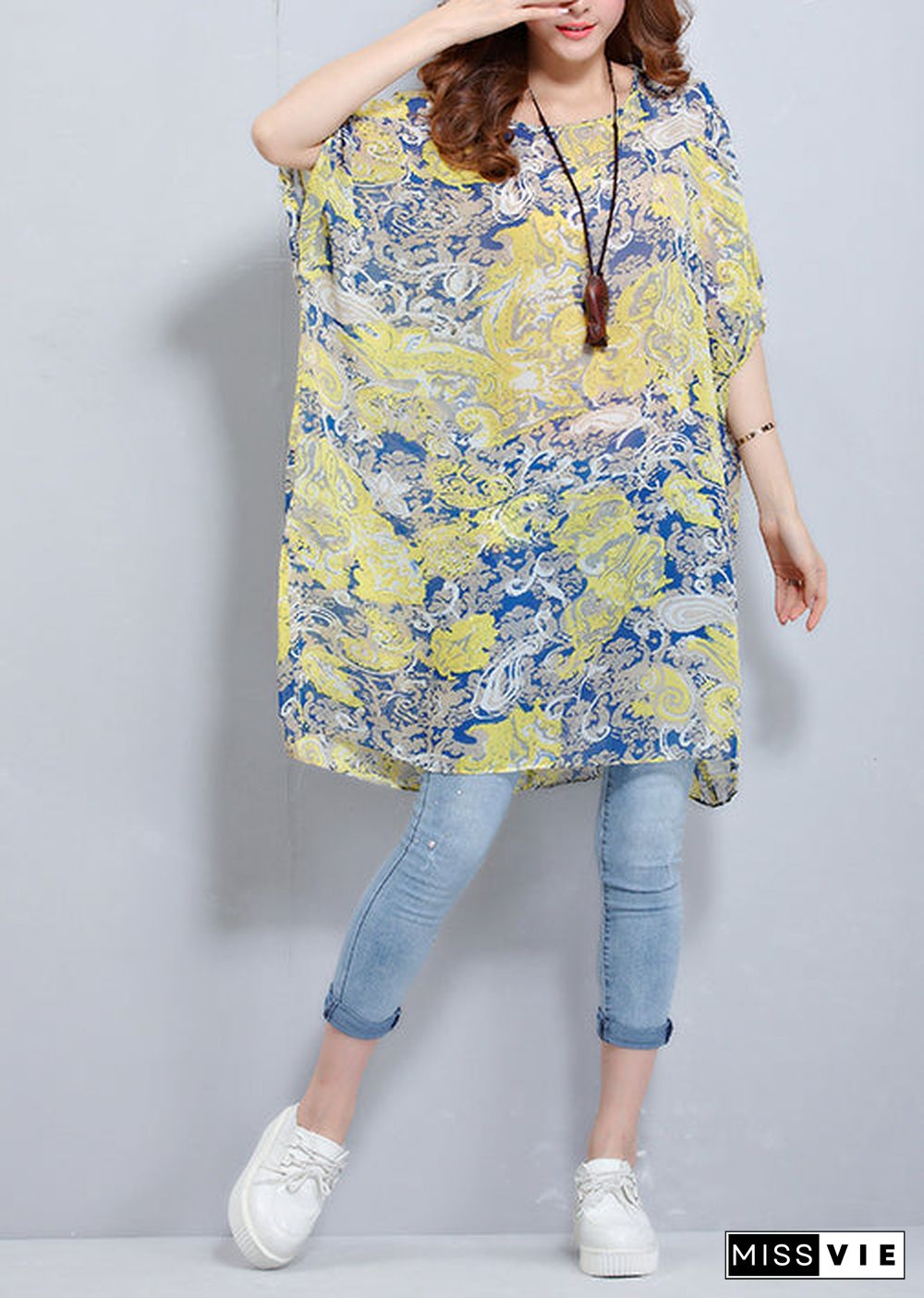 Simple o neck Batwing Sleeve chiffon tunic pattern plus size Photography floral blouses Summer