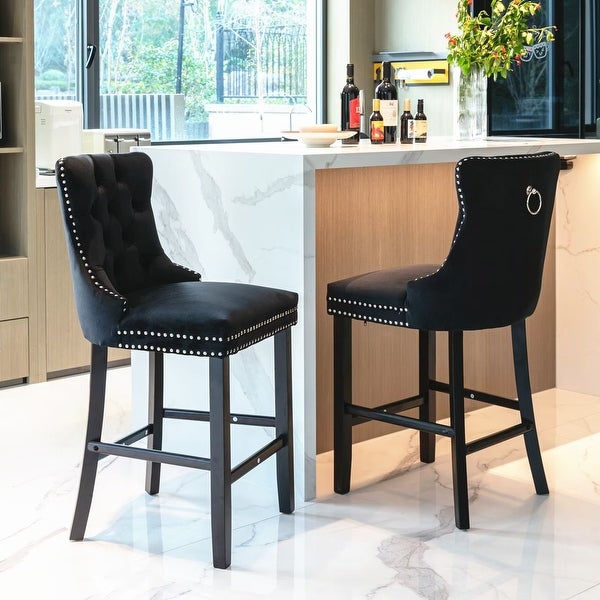 Velvet Upholstered Barstools Leisure Style Bar Chairs with Wood Legs， Nailhead Trim and Button Tufted Back (Set of 2） - N/A