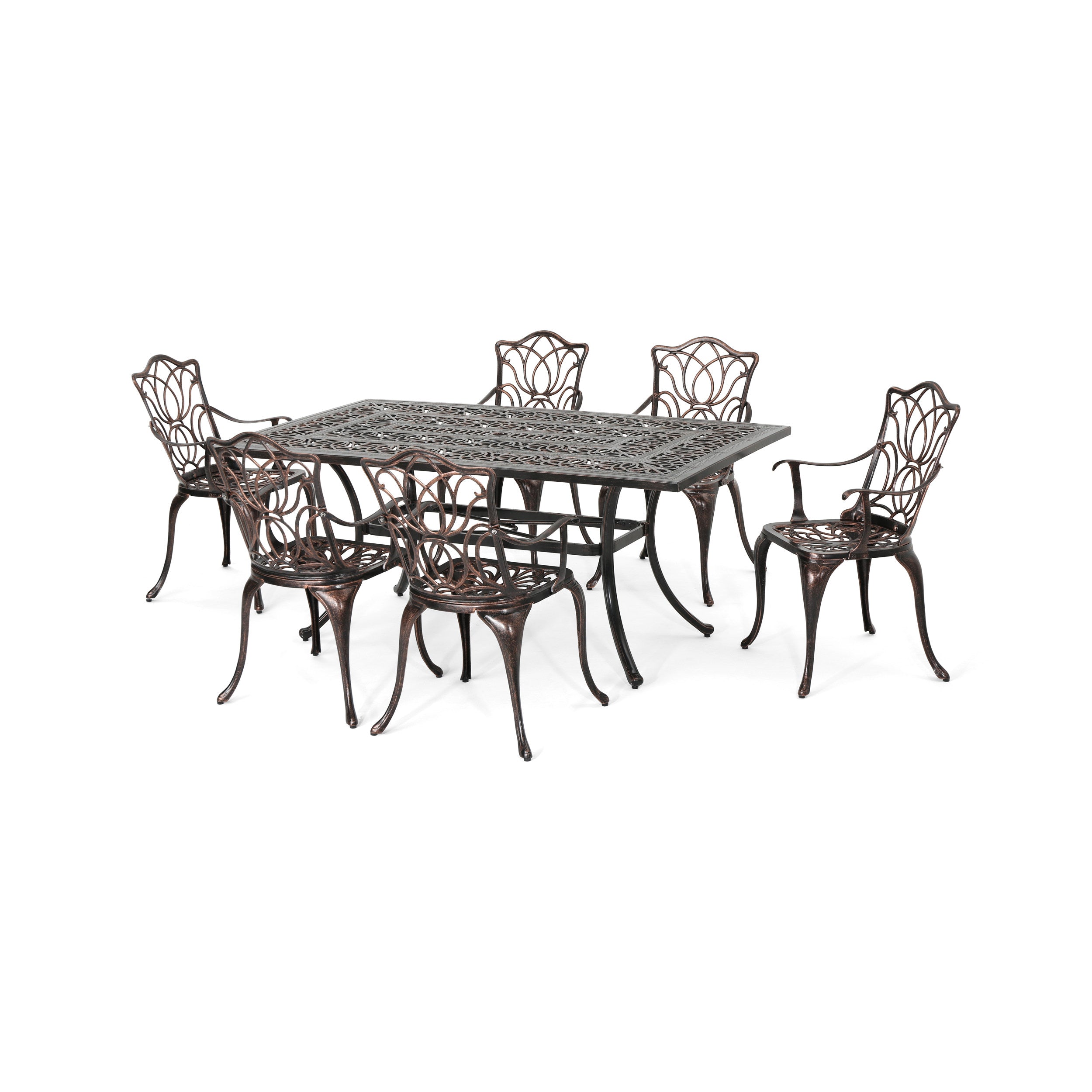 Barbara Outdoor 6-Seater Cast Aluminum Rectangular-Table Dining Set, Shiny Copper