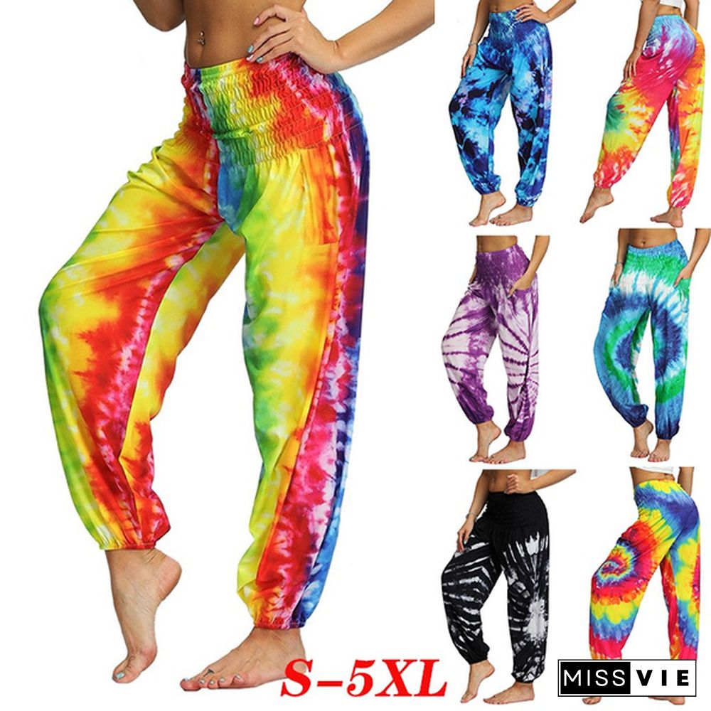 New Fashion Tie Dye Print Harem Hippie Pants for Womens Yoga Pants Wide Leg Comfy Elasticity High Waisted Loose Straight Lounge Running Workout Legging Home Clothes Pants Plus Size S-5XL