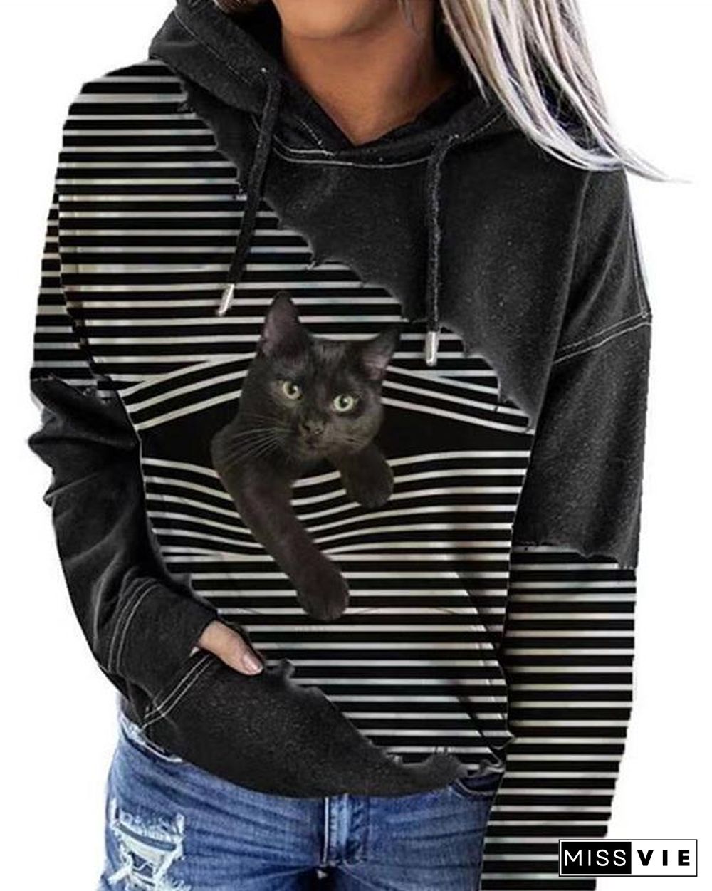 Women Fashion Cat Print Drawstring Hoodies