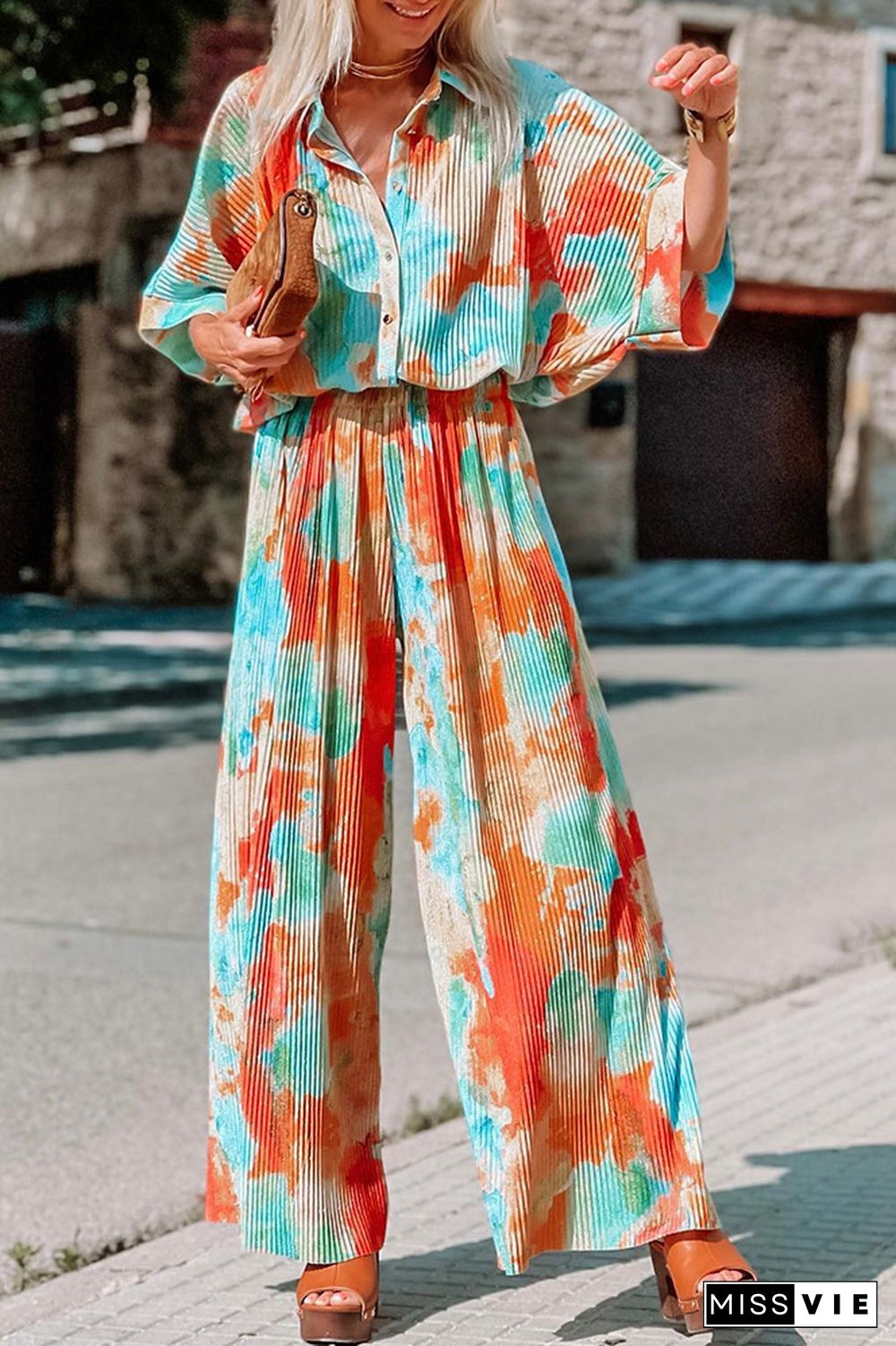 Pleated Tie Dye Buttoned Wide Leg Jumpsuit