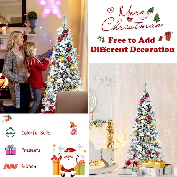 Gymax 5/6/7/8 FT Artificial Snow Flocked Pencil Christmas Tree w/