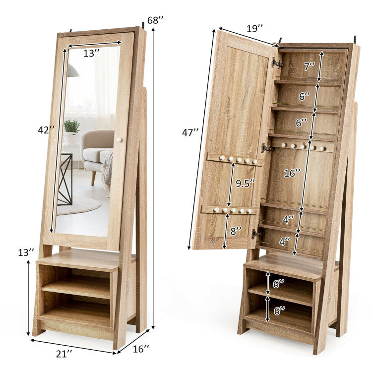 2-in-1 Freestanding Jewelry Mirror Cabinet Wooden Cosmetics Storage Cabinet with Full-Length Mirror and Bottom Storage Rack