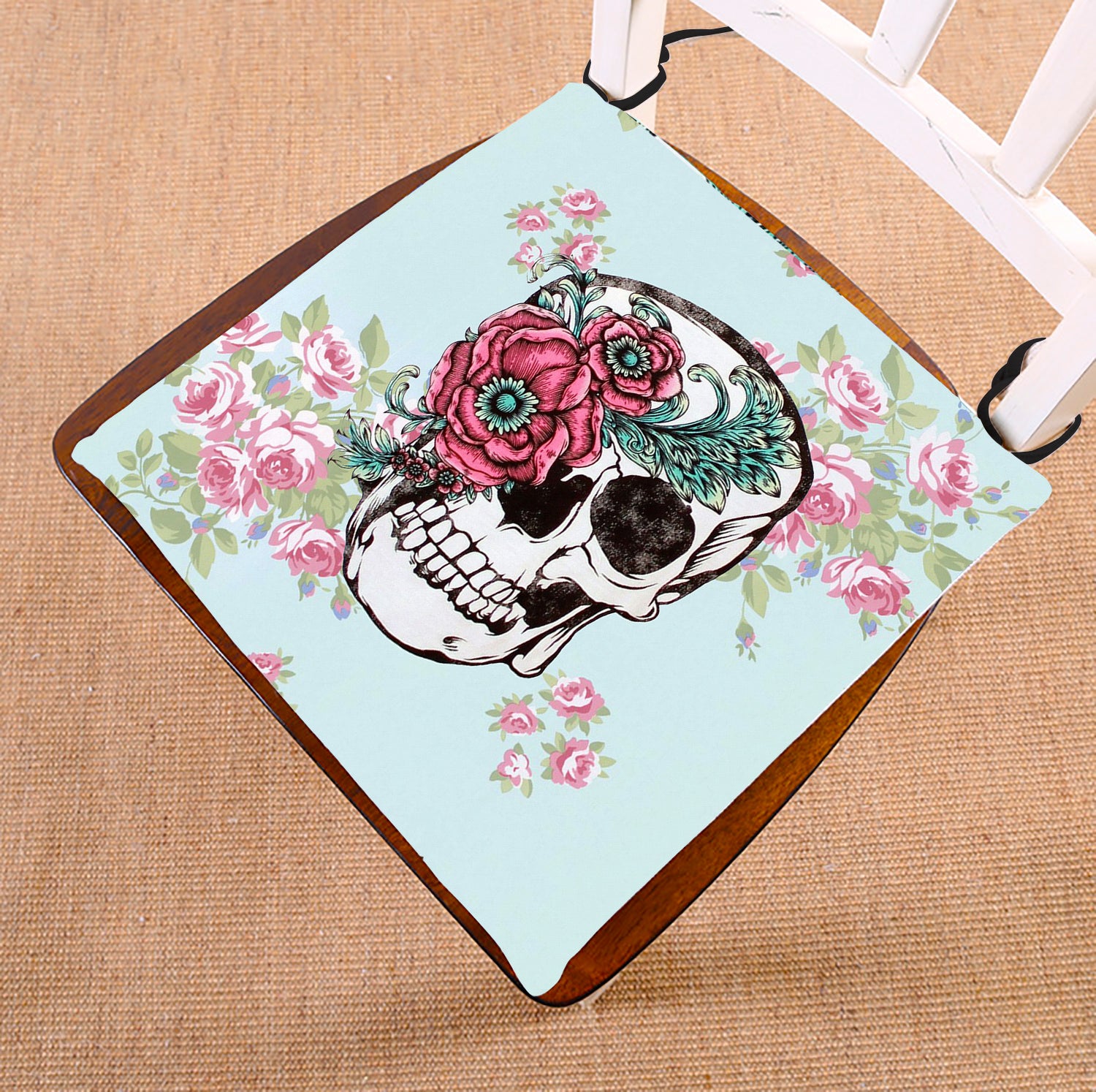 GCKG skull Flower Bones Chair Pad Seat Cushion Chair Cushion Floor Cushion with Breathable Memory Inner Cushion and Ties Two Sides Printing 16x16 inches