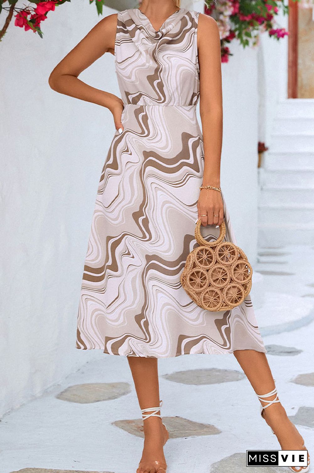 Swing Collar High Waist Sleeveless Printed Midi Dress