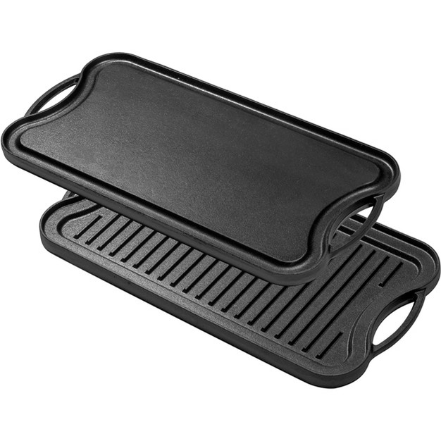 Bruntmor 20x10 2 in 1 Cast Iron Skillet Rectangle Roasting Pan With Reversible Griddle Black