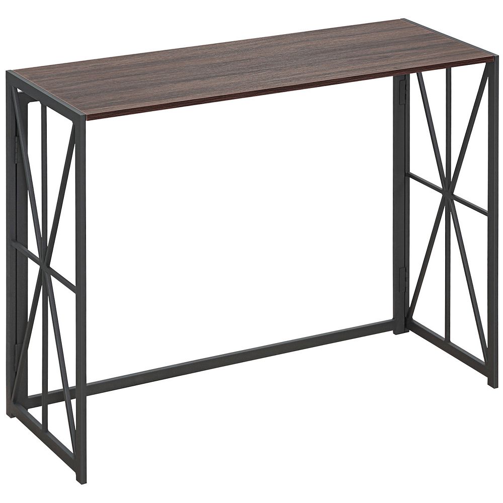 HOMCOM Folding Console Table， Industrial Sofa Table， Narrow Farmhouse Table with Metal Frame for Living Room， Entryway， Foyer， Brown