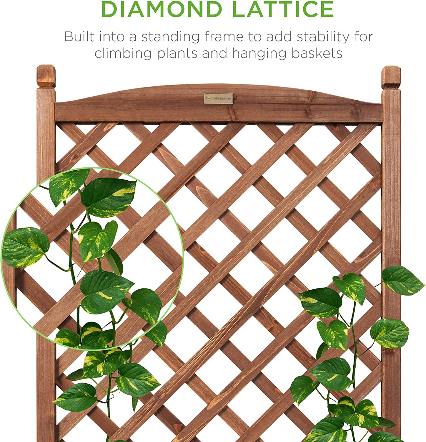 Set of 2 48in Wood Planter Box & Diamond Lattice Trellis, Mobile Outdoor Raised Garden Bed for Climbing Plants w/Drainage Holes, Optional Wheels - Walnut