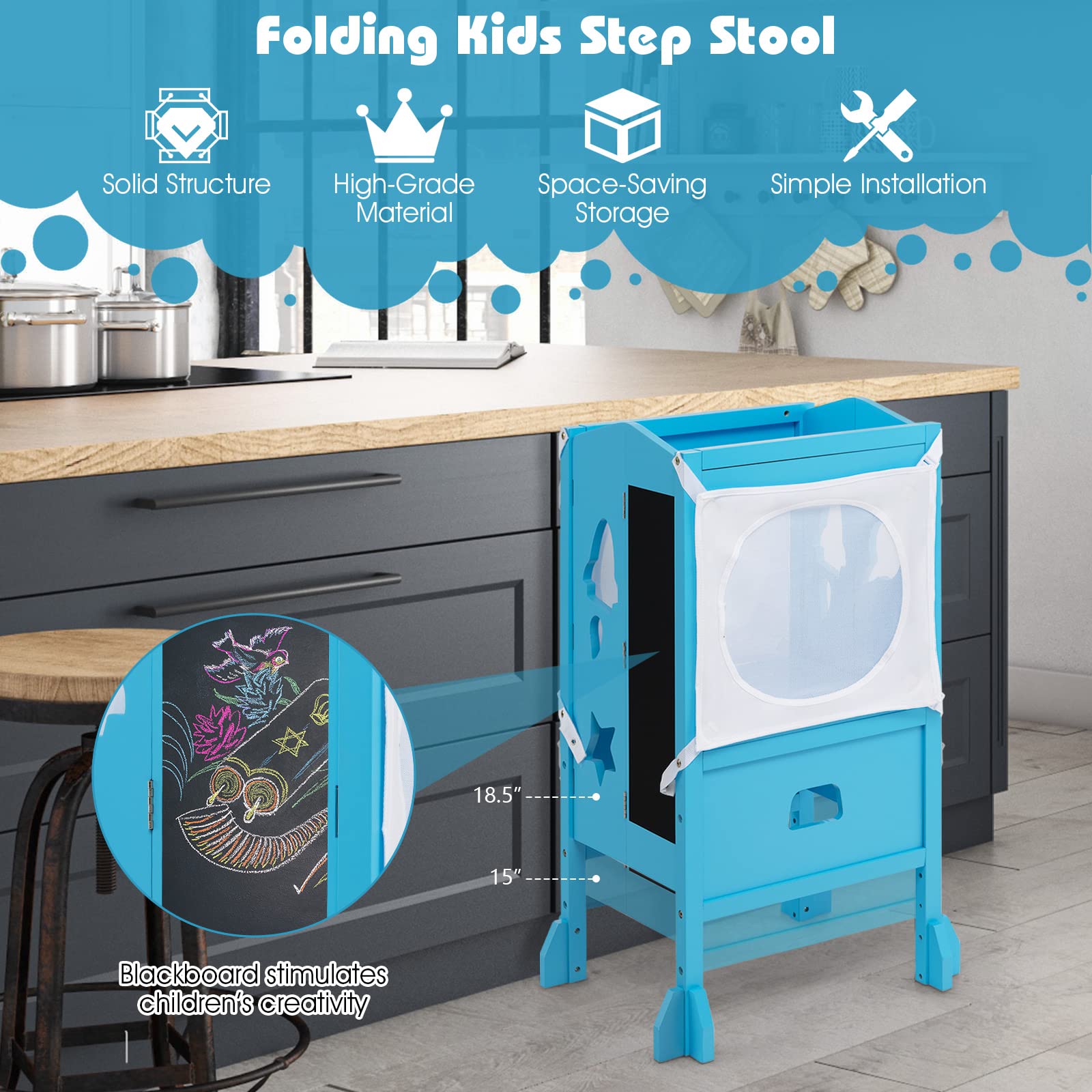 Costzon Kids Kitchen Step Stool with Safety Rail, Folding Wooden Step Helper w/Adjustable Height