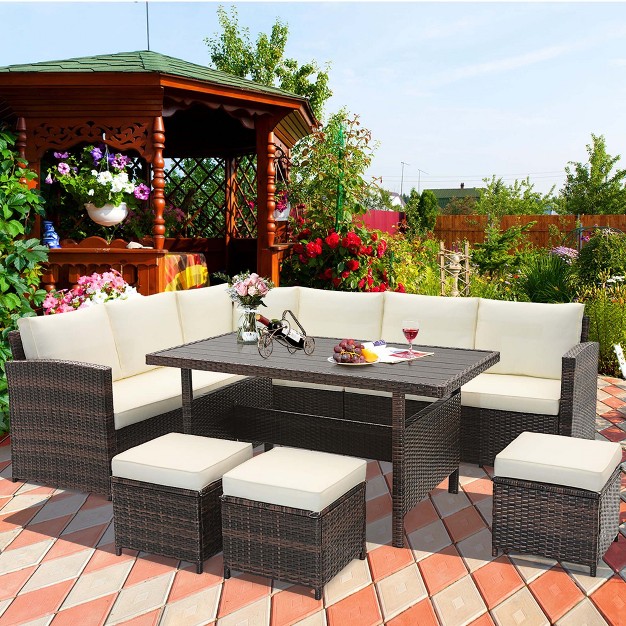 Costway 7 Pcs Patio Furniture Set Rattan Sectional Conversation Sofa Coffee Table Porch