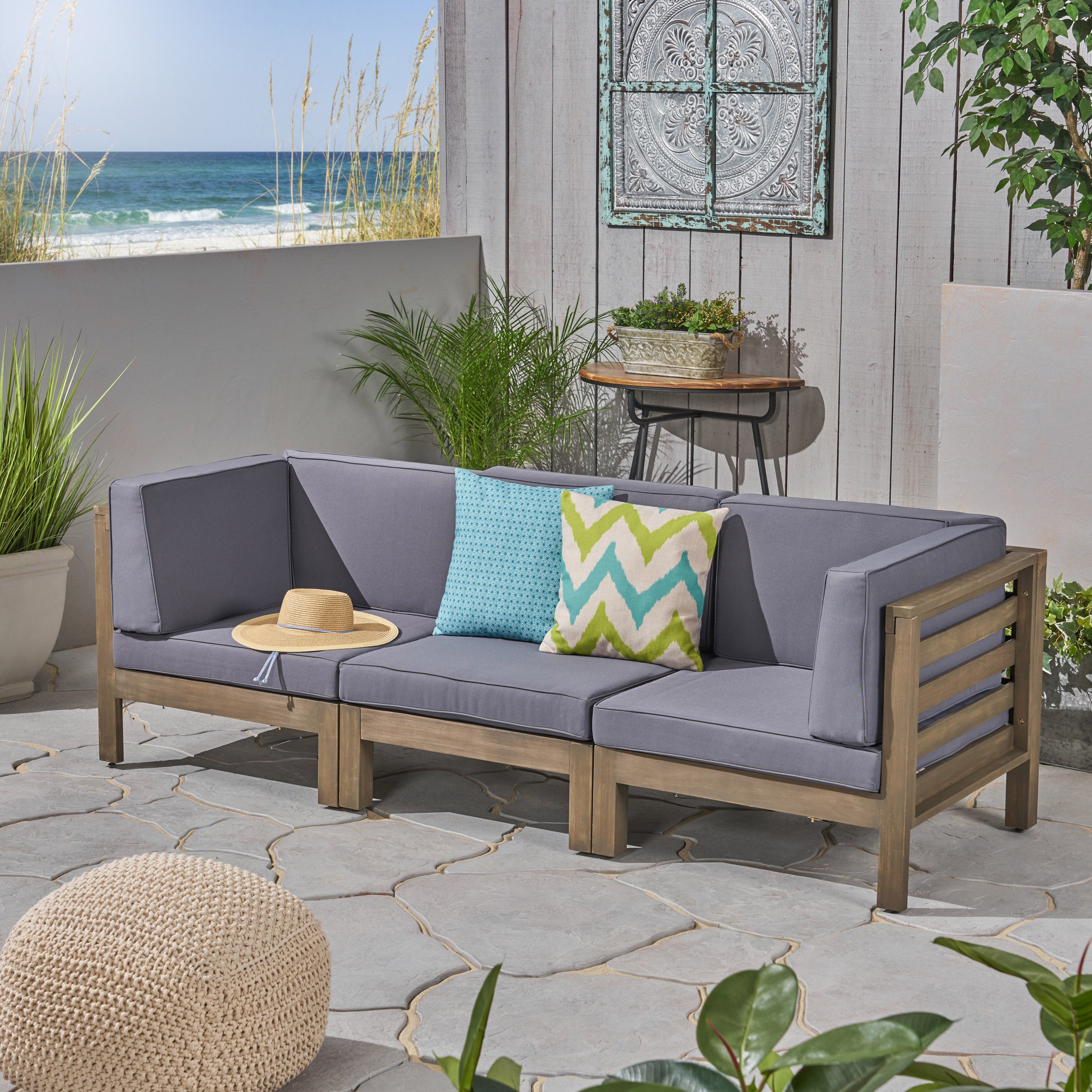 Dawson Outdoor Sectional Sofa Set - 3-Seater - Acacia Wood - Outdoor Cushions