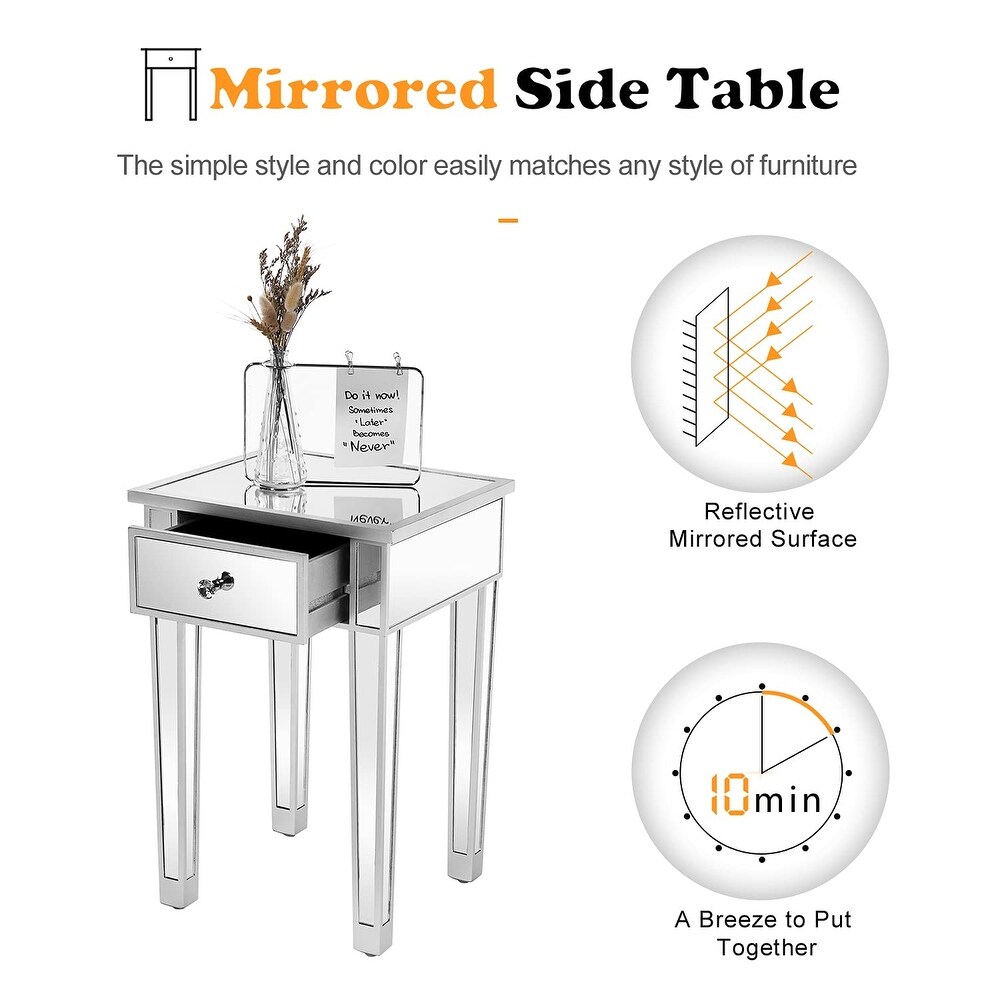 Mirrored End Table with Drawer Silver Modern Nightstand/Bedside/Accent Table for Small Space Living Room Bedroom