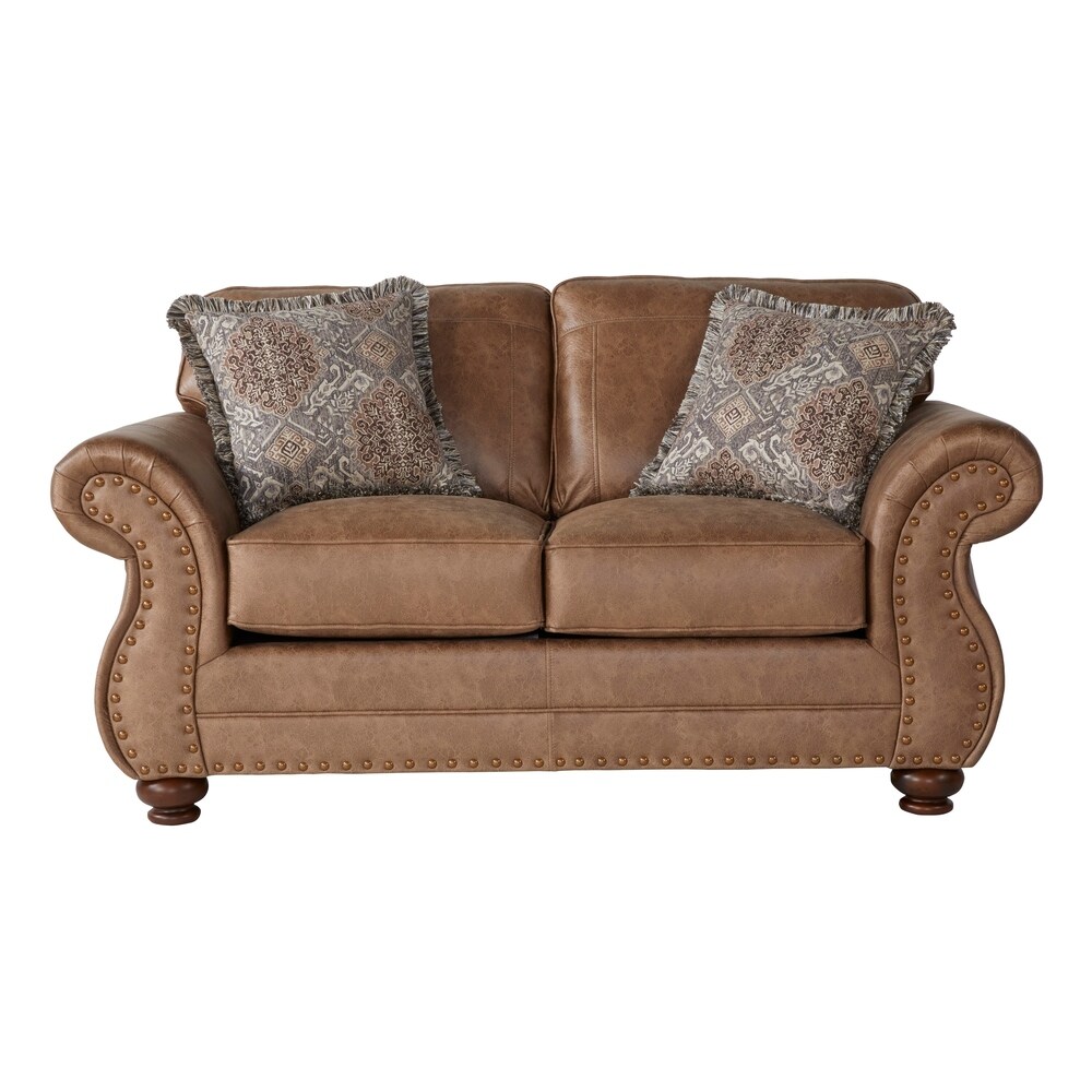 Roundhill Furniture Leinster Fabric 3 Piece Sofa Set with Antique Bronze Nailheads in Jetson Ginger