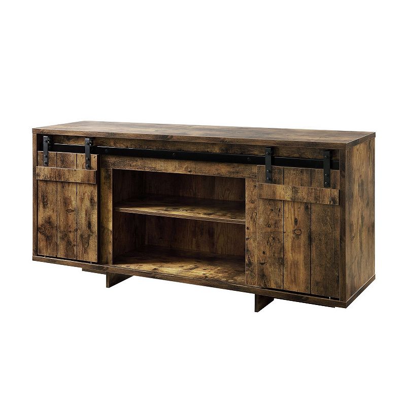 60 Inches Wooden TV Stand with 2 Barn Sliding Doors， Rustic Brown