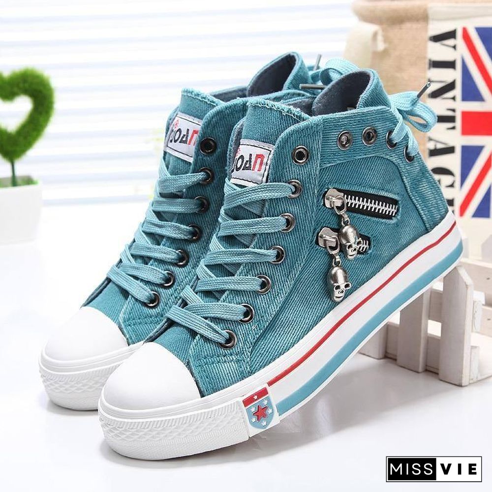 Women Fashion Sneakers Denim Canvas Shoes Spring/Autumn Casual Shoes Trainers Walking Skateboard Lace-up Shoes Femmes