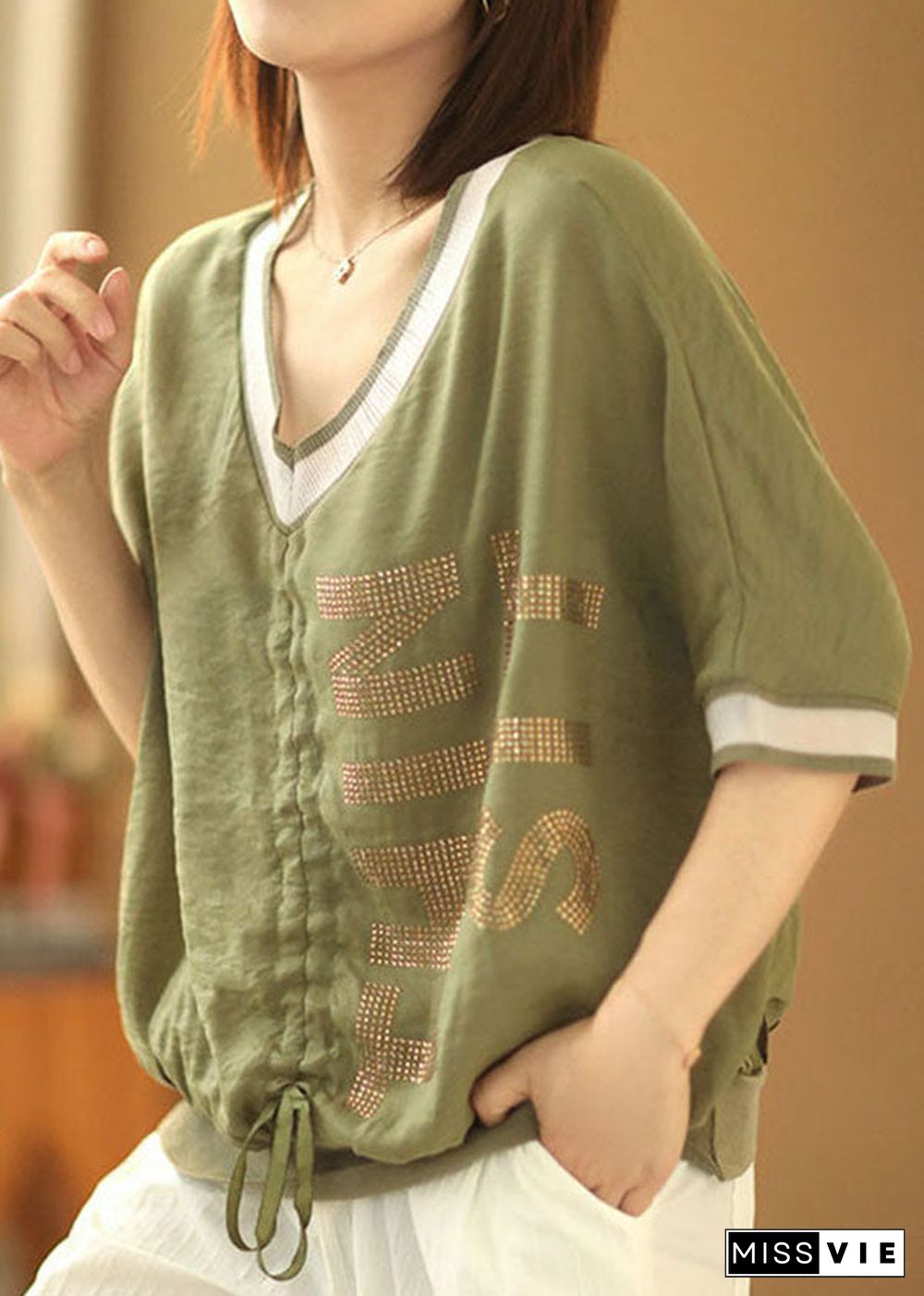 Beautiful Green V Neck Drawstring Patchwork Shirt Short Sleeve