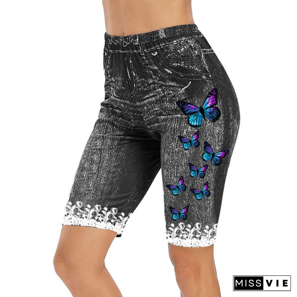 Plus Size Butterfly 3D Print Capri High Waisted Jeggings Faux Denim Legging Shorts For Women