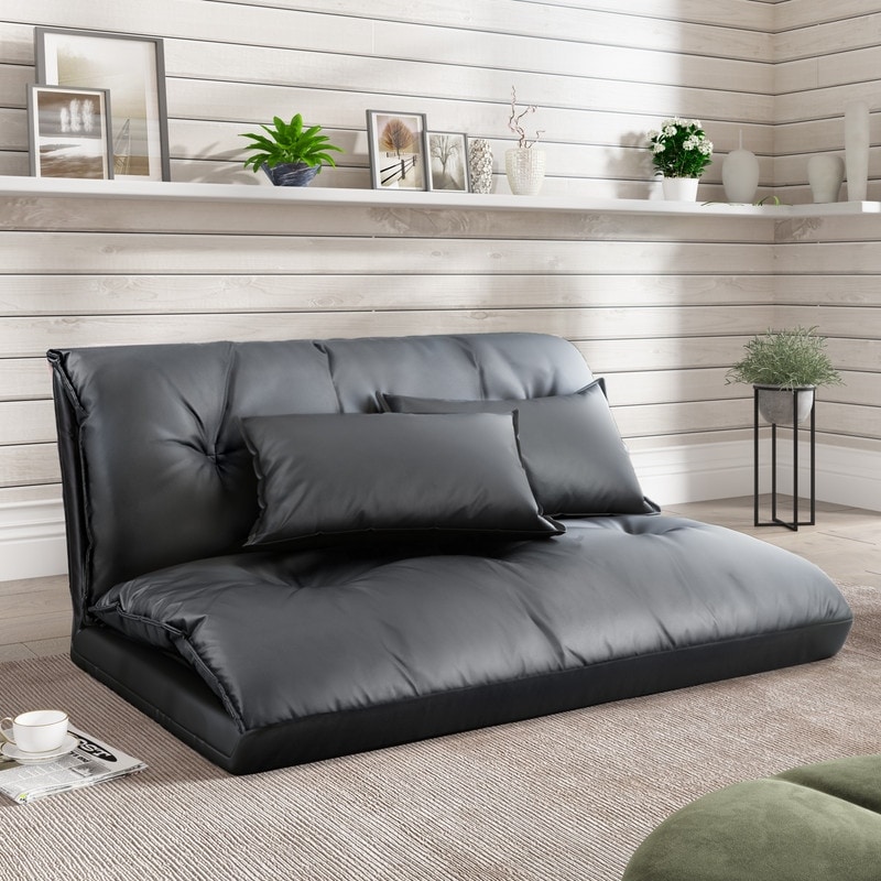 PU Leather Floor Chair Adjustable Sofa Bed with Pillows