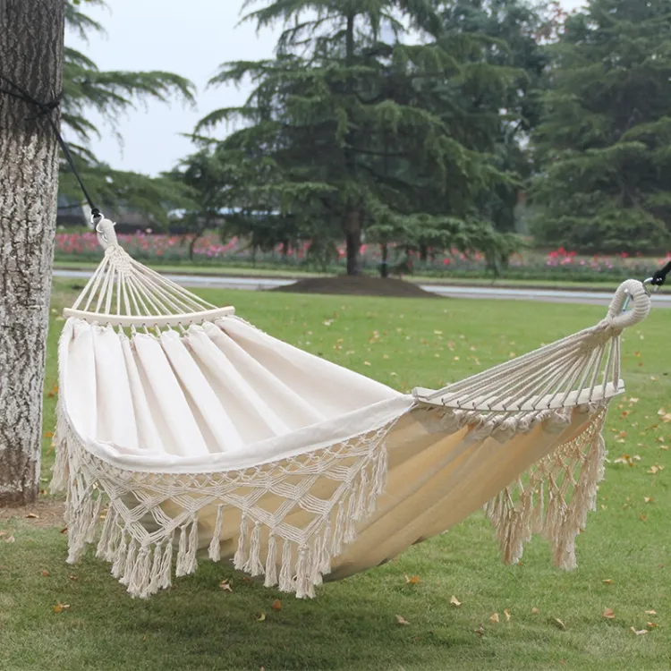 Cheap Wholesale 200x150cm Double Outdoor Camping Tassel Canvas Hammock with Stick(White) With High End Quality