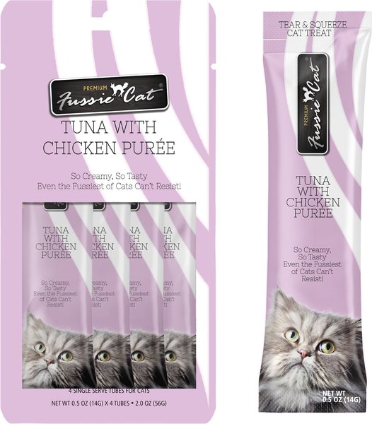 Fussie Cat Tuna with Chicken Puree Lickable Cat Treats， 0.5-oz pouch， pack of 4