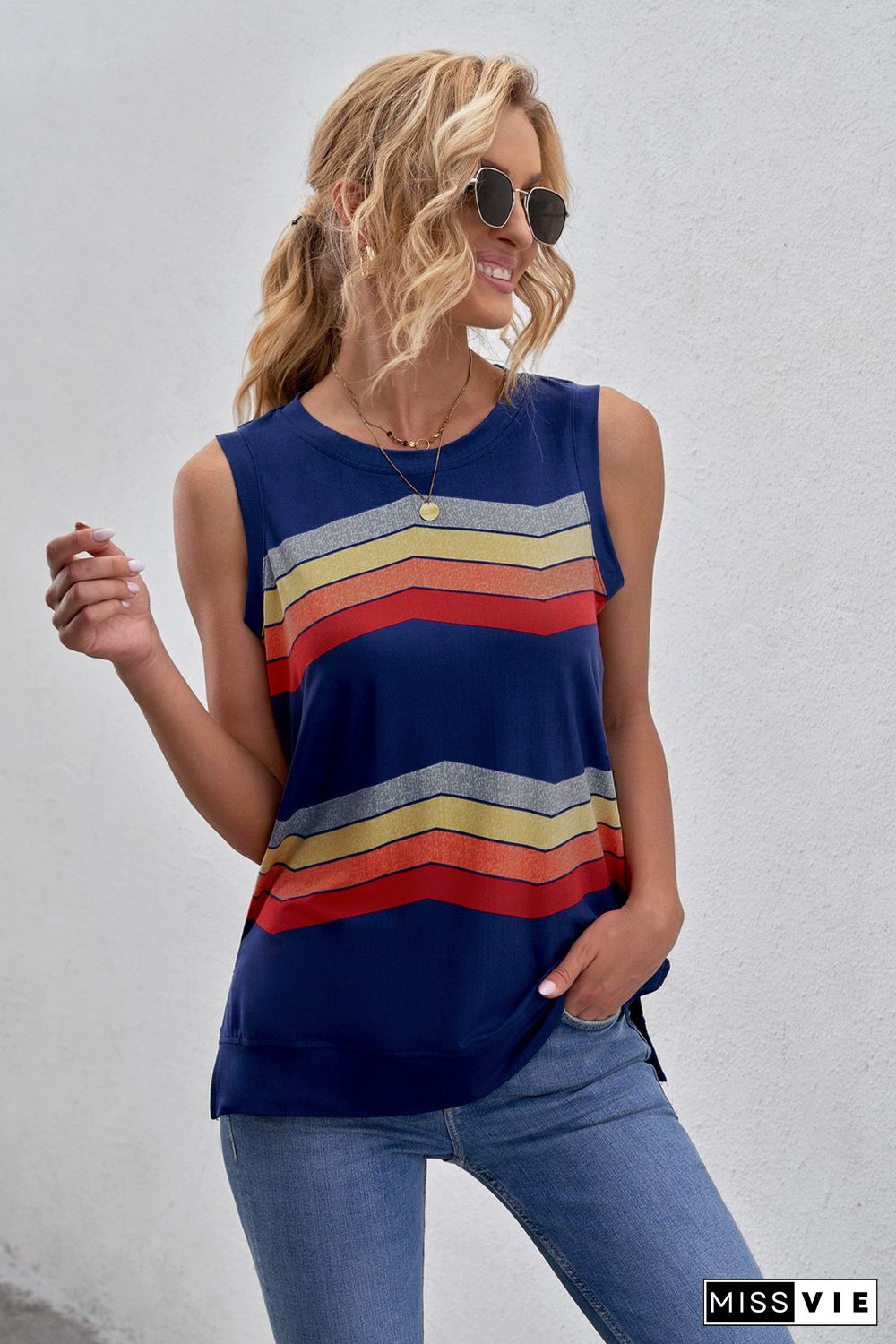 Blue Crew Neck Colorblock Stripes Tank Top