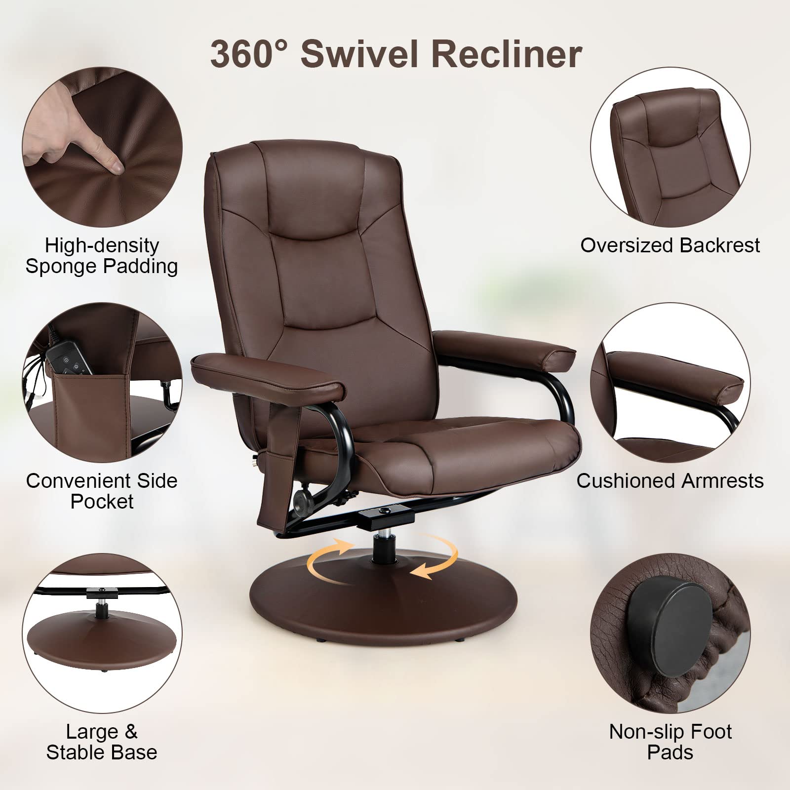 Giantex Recliner Chair with Ottoman, 360° Swivel Lounge Chair with Vibration Massage, Remote Control